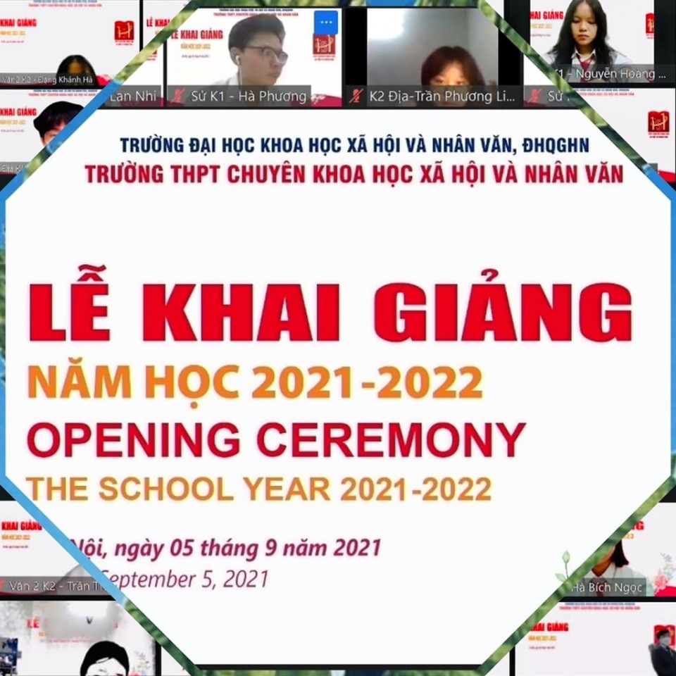 May be an image of 2 people and text that says 'KI-LHoaNam TRƯỜNG HỌC KHOA HỌC XÃ TRƯỜNG THPT CHUYÊN KHOA HỌC NHÂN VĂN, ĐHQGHN NHÂN VĂN LỄ KHAI GIẢNG NĂM HỌC 2021 2022 OPENING CEREMONY THE SCHOOL YEAR 2021 -2022 lôi, tháng năm 2021 optember 2021'